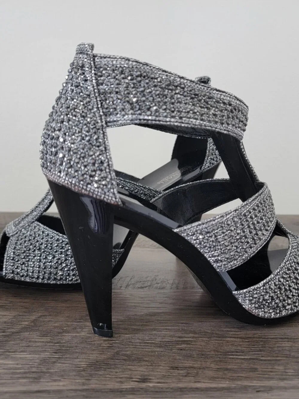 Michael Kors Berkley T-Strap Silver Glitter Rhinestone Caged Heels